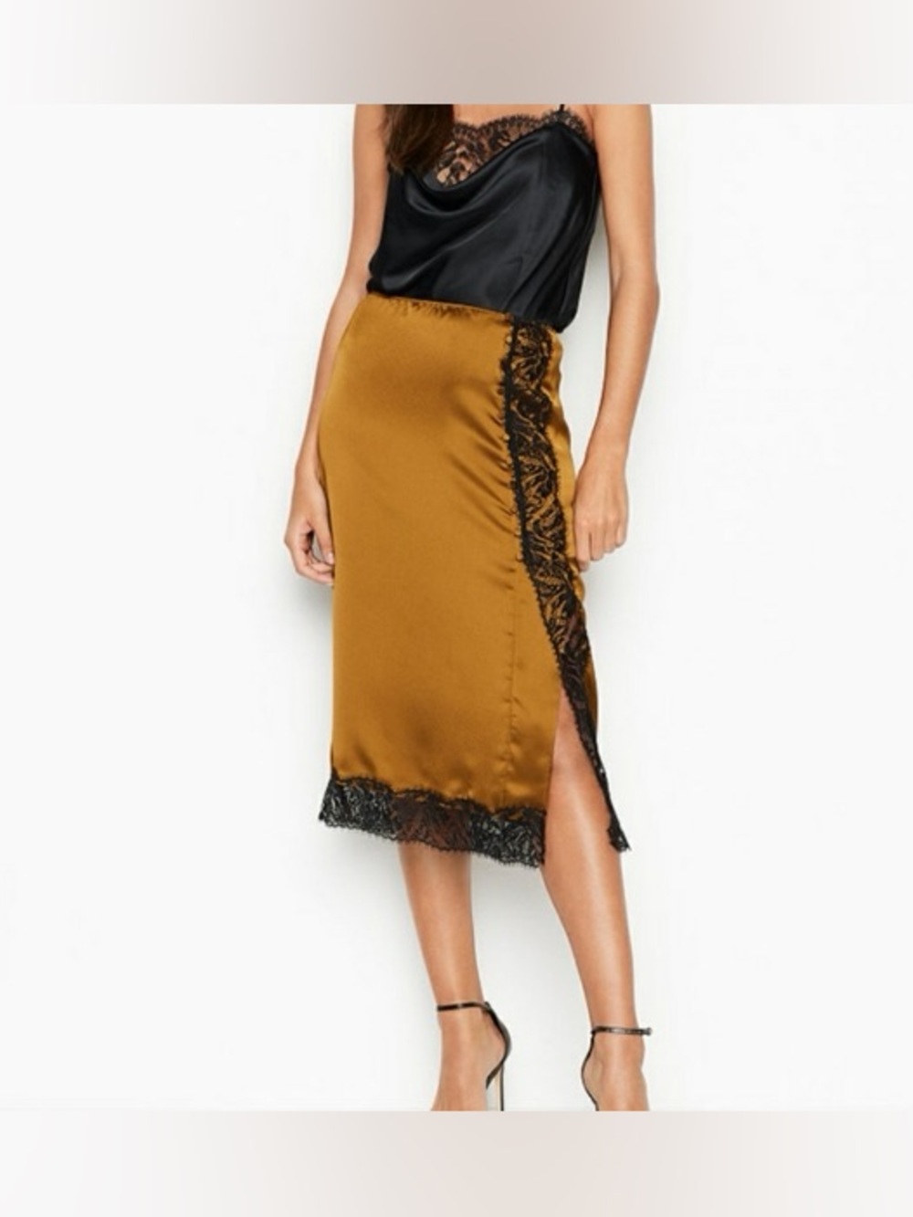 NWT Victoria’s Secret Olive Gold Satin Midi Skirt Black Lace Side Slit M